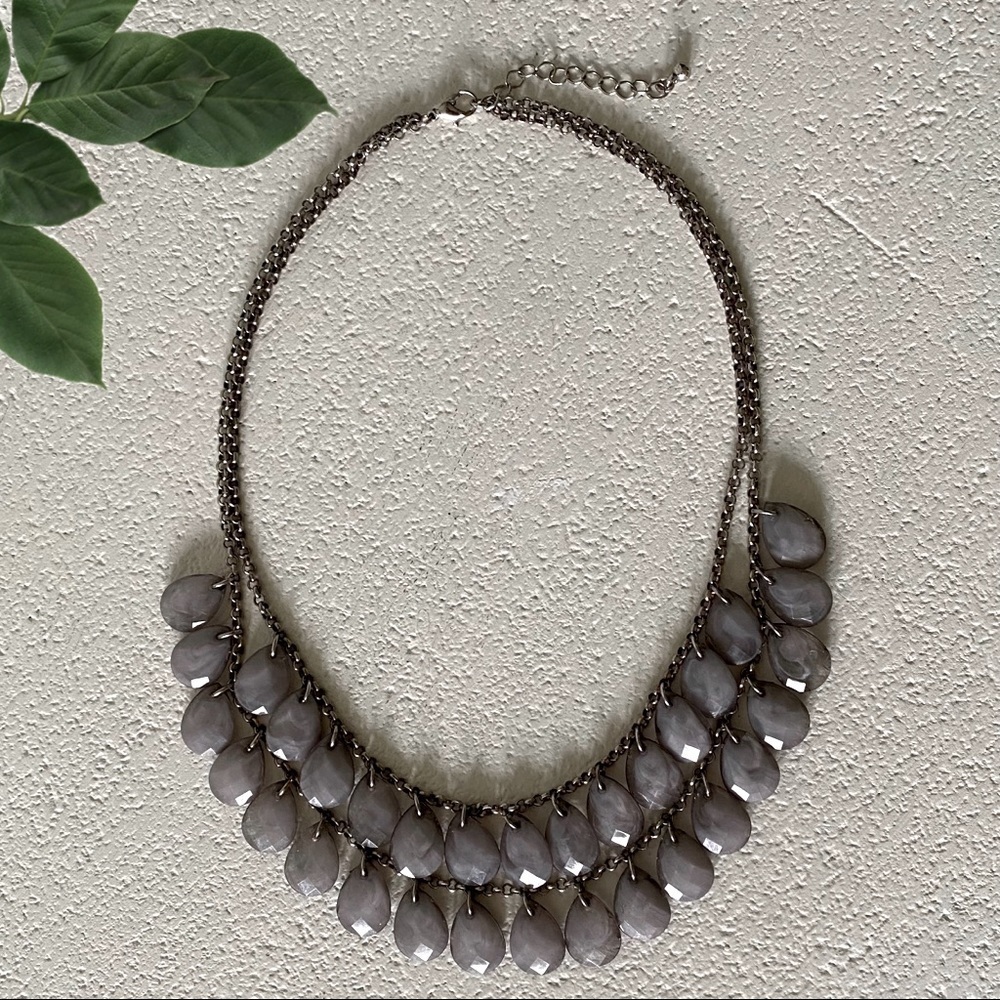 Double Silver Chain Smoky Gray Faceted Teardrop Bead Necklace‌‌‌‌‌‌‌‌‌‌